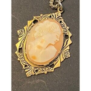 ANTIQUE NECKLACE/PENDANT VICTORIAN BRONZE HAND CARVED CAMEO SHELL PORTRAIT LADY